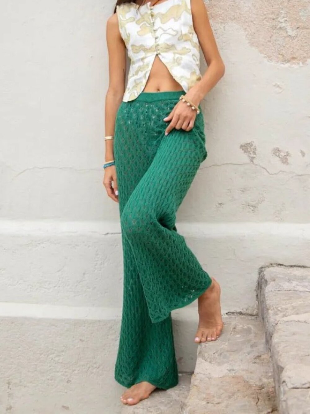 VRG GRL Sun & Earth Open Knit Flare Pants - Forest - Size Medium